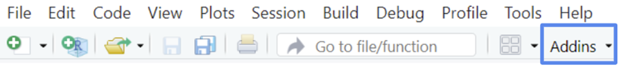 Image of the RStudio toolbar with the Addins button highlighted.