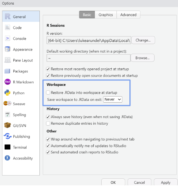 Image of the RStudio 'Options' page, highlighting the 'Workspace' section.